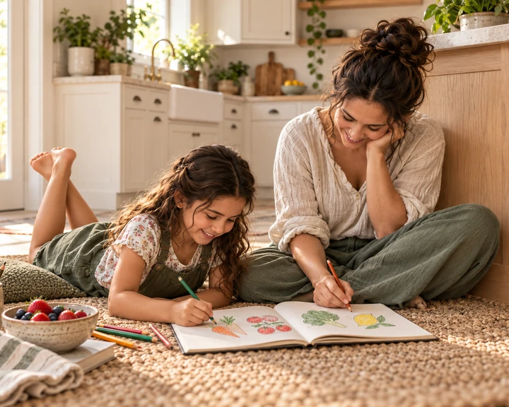 Mãe e filha sentadas no chão da sala desenhando legumes num caderno