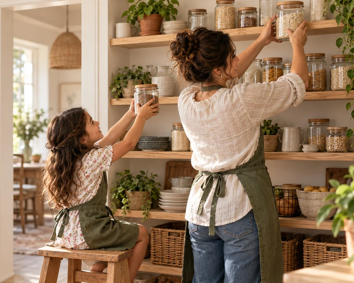 Mãe e filha guardando potes de vidro com grãos numa prateleira de madeira da despensa