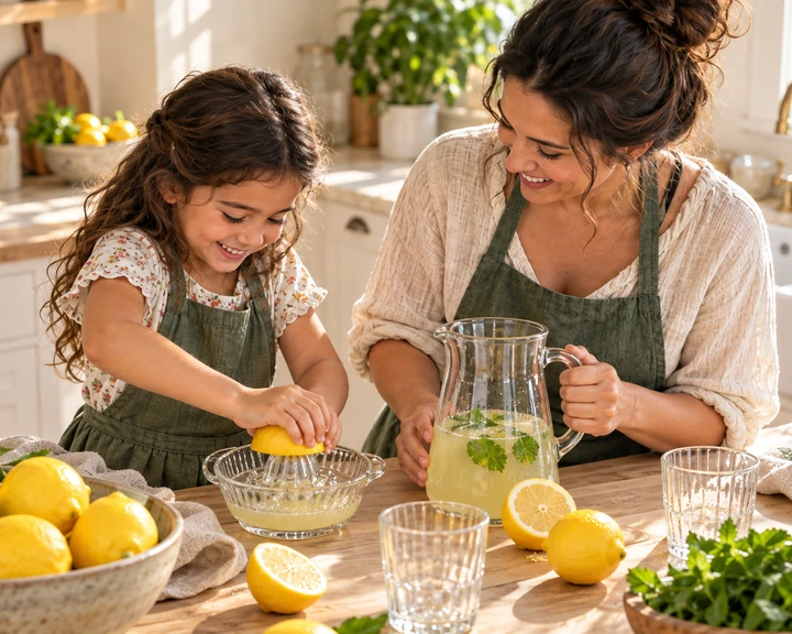 Mãe e filha fazendo limonada na cozinha: a filha espreme um limão e a mãe segura a jarra
