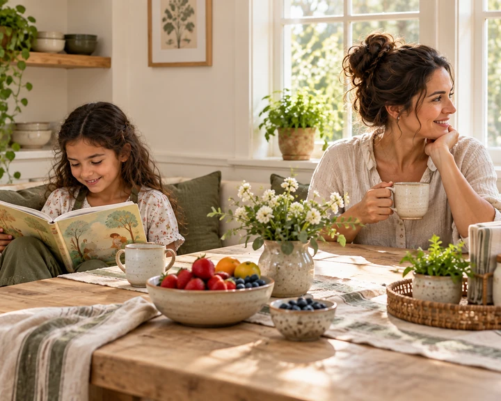Na sala clara, a filha lê um livro ilustrado no sofá e a mãe toma uma xícara, olhando para a janela