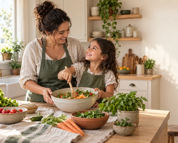 Mãe e filha preparando uma salada juntas numa cozinha clara, sorrindo uma para a outra